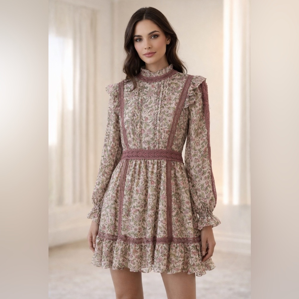 Floral Ruffle High-Neck mini Dress in Dusty Rose